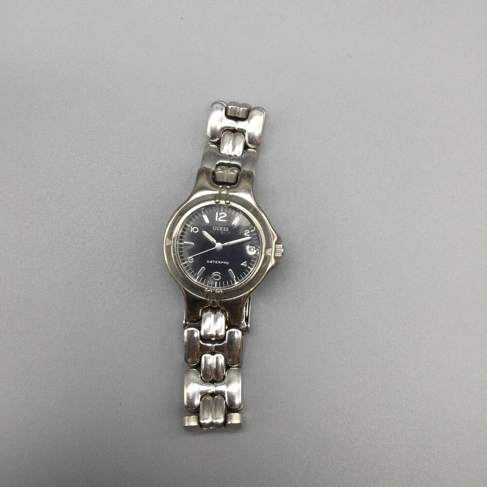 Vintage Guess Womens Watch 25mm Silver Tone Black Dial Date New Battery 6.5